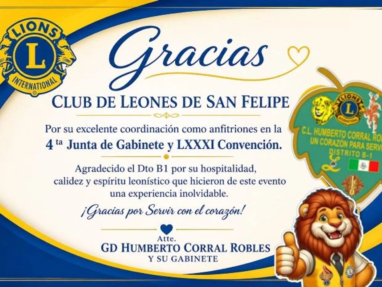 Thank you message from Lions Club San Felipe.