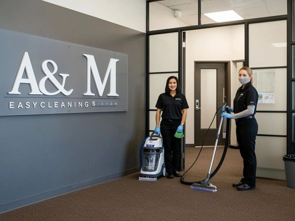 Two women in uniform cleaning an office space with equipment.