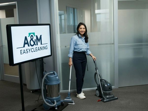 A woman stands with cleaning equipment in an office lobby beside an A&M EasyCleaning sign.