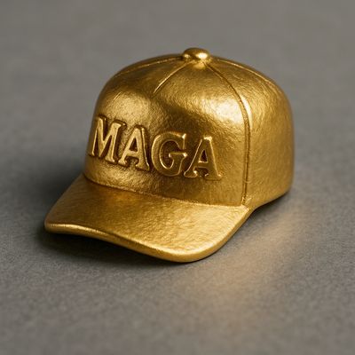 A golden cap with the word 'MAGA' embossed on it.