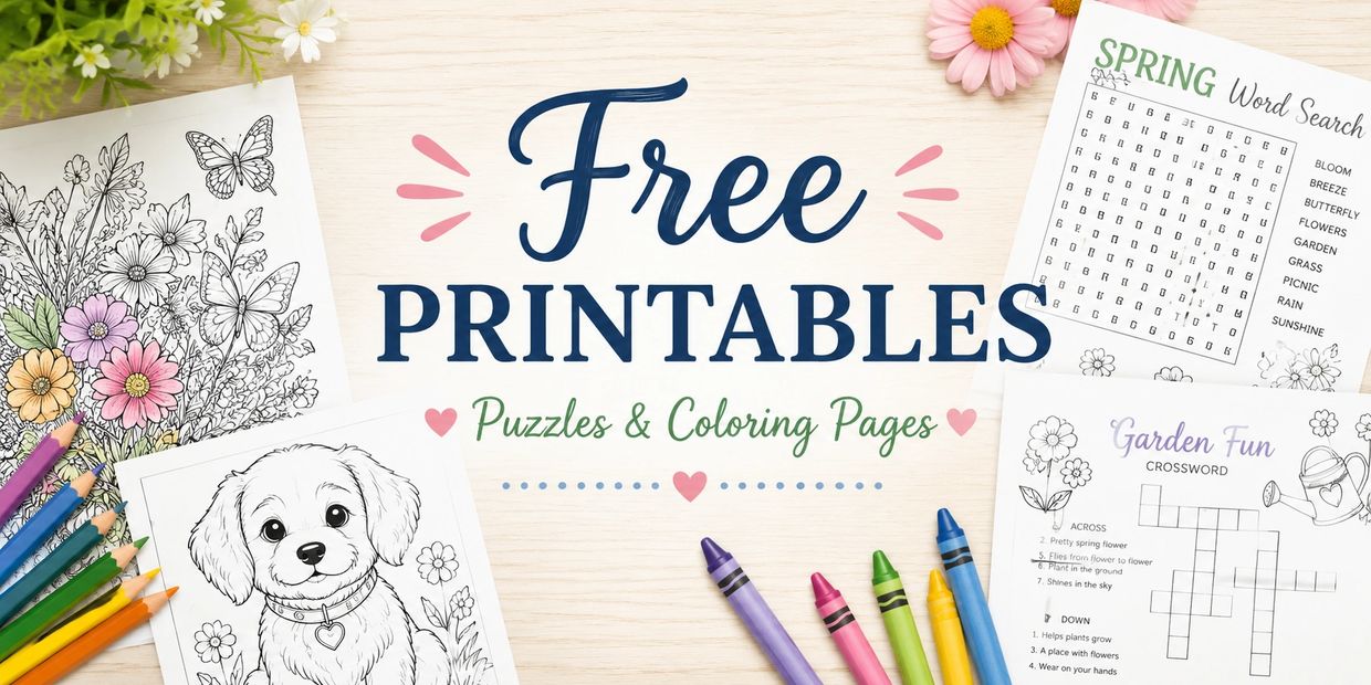 Free printables featuring puzzles and coloring pages with spring themes.