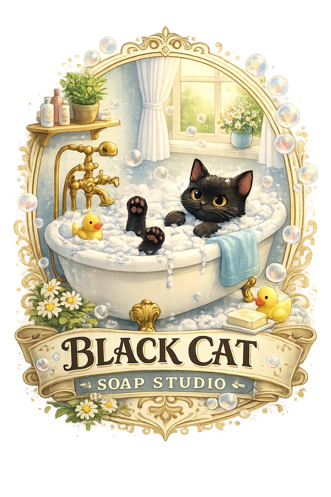 Black cat taking a bath in a bubble filled bathtub.