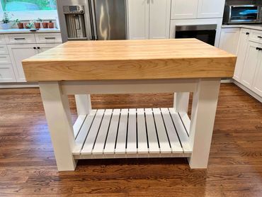 Custom Solid Wood Island with Cutting Board and White Shelf and Legs