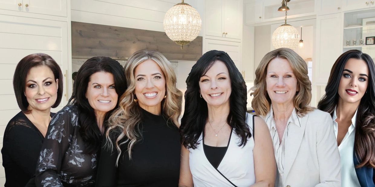 Six professional women smiling in a modern kitchen setting.