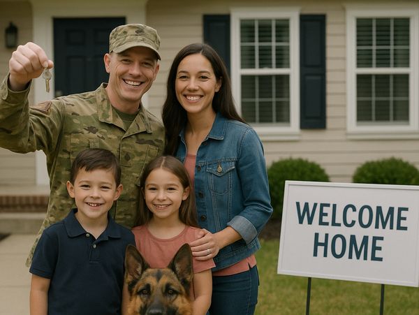 Happy military family celebrating their new home with a welcome sign and keys.