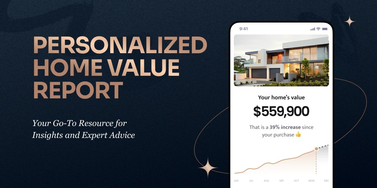 Personalized home value report showing a $559,900 home price with a 39% increase since purchase.