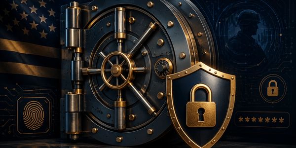 Secure vault with shield and lock symbol.