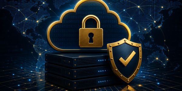 Golden cloud lock and shield over servers symbolizing cybersecurity.