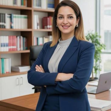 Confident businesswoman standing with arms crossed in an office.