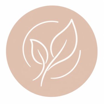 Minimalist leaf logo inside a beige circle.