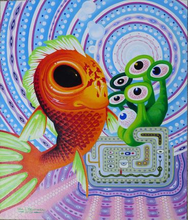 Meditating Koi fish meets surreal mushroom hand with eyeball fingers emerging from an ancient circui