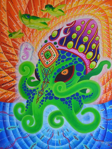 Meditating octopus  king as a trio or sea turtle do a swim-over above