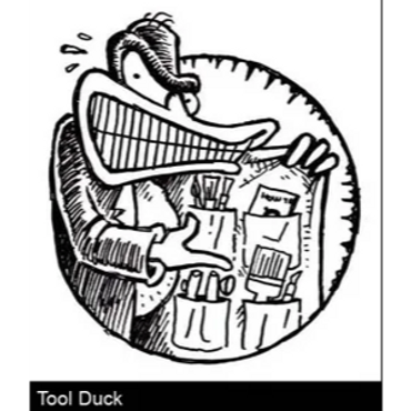Cartoon duck, desperately selling tools of the trade for hand-lettering and painting signs & graphic