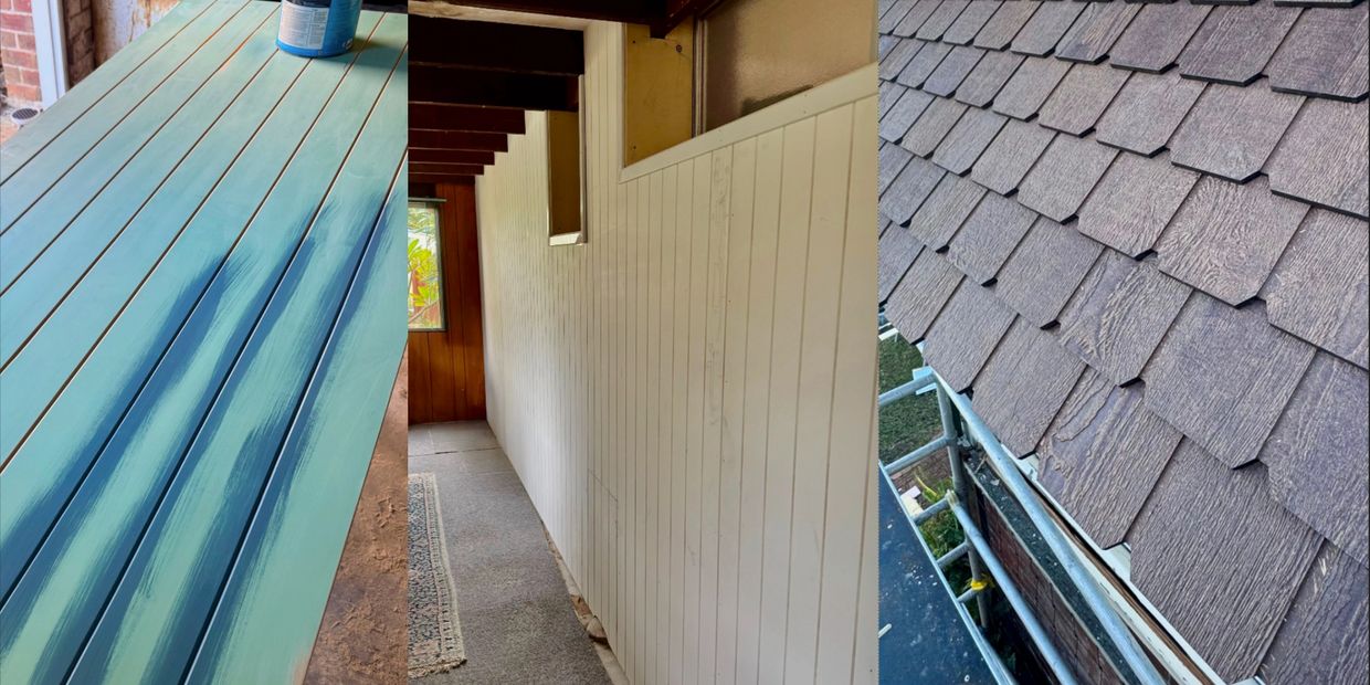 Three images showing painting, white panel wall, and a shingled roof from above.