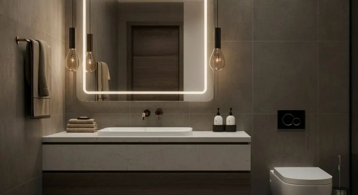 Modern bathroom with illuminated mirror and minimalist design.