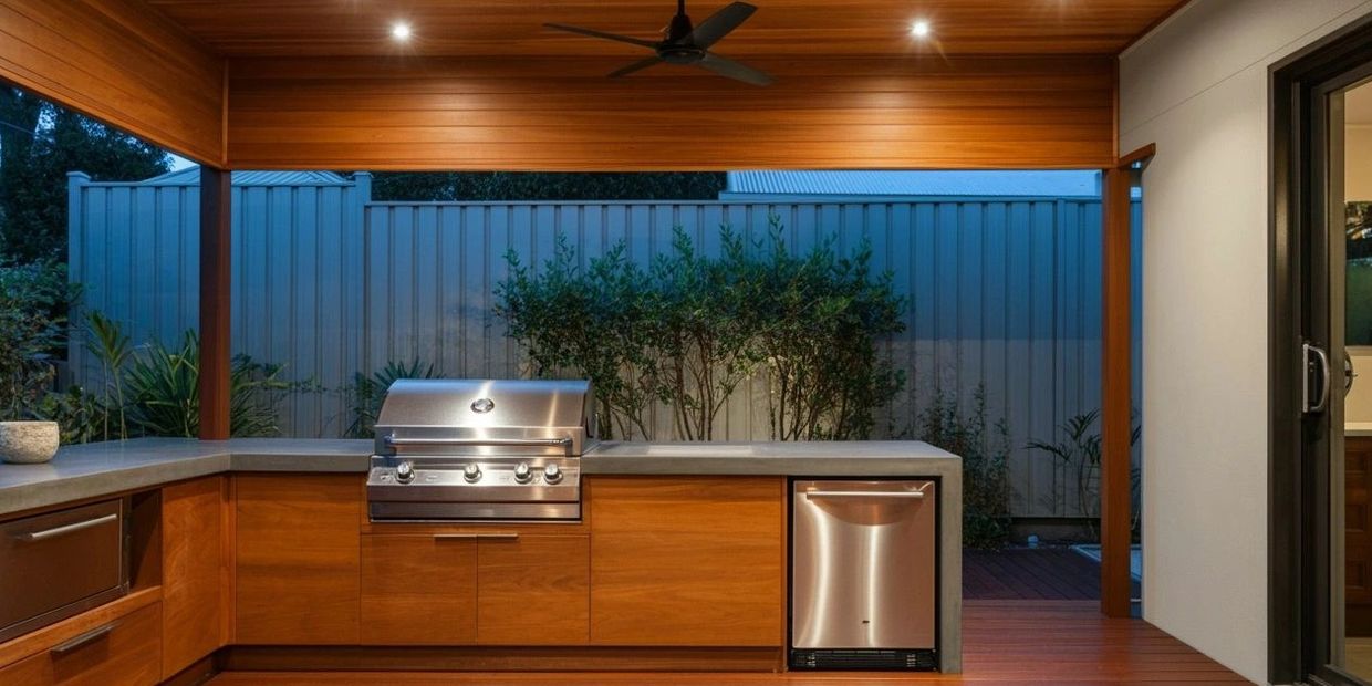 Modern outdoor kitchen with wooden cabinetry and stainless steel appliances under a wooden ceiling.