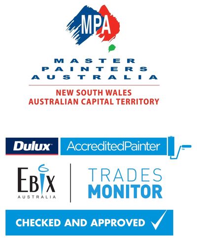Logo for Master Painters Australia, NSW and ACT, with Dulux accreditation and Trades Monitor approval.
