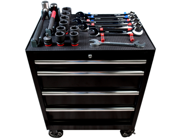 tool cart with tool grid and tools on the very top of the cart