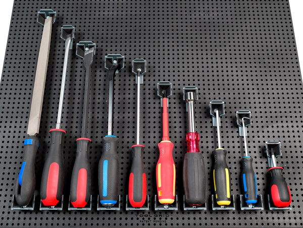 tool grid screw driver holders holding screwdrivers on a tool grid board