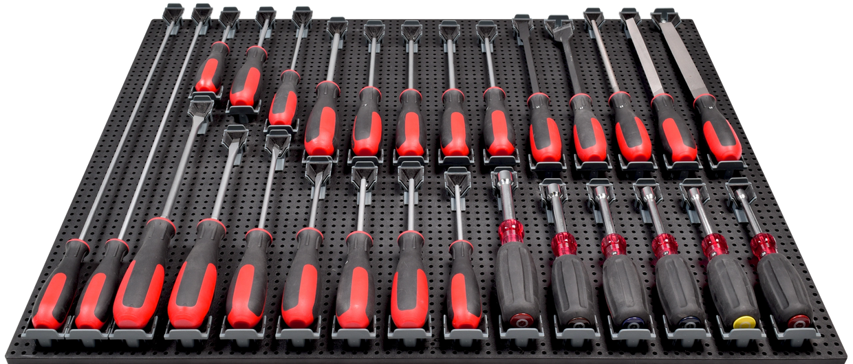 tool grid screw driver holders holding screwdrivers on a tool grid board