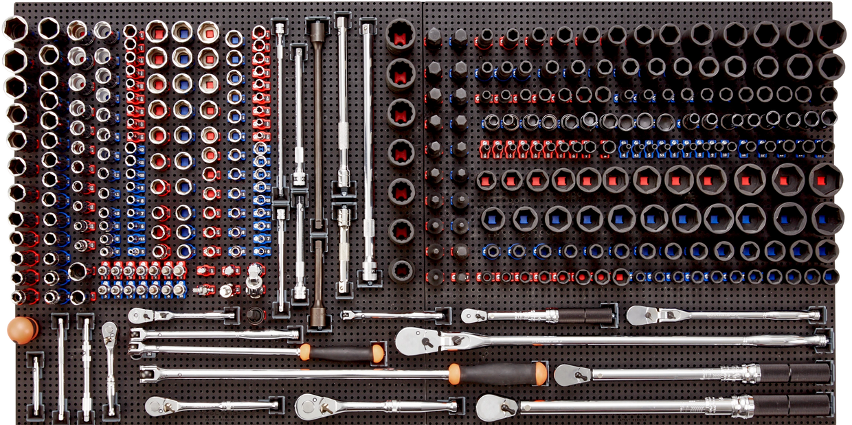 tool grid socket and ratchet and extension holders on a tool grid board holding tools