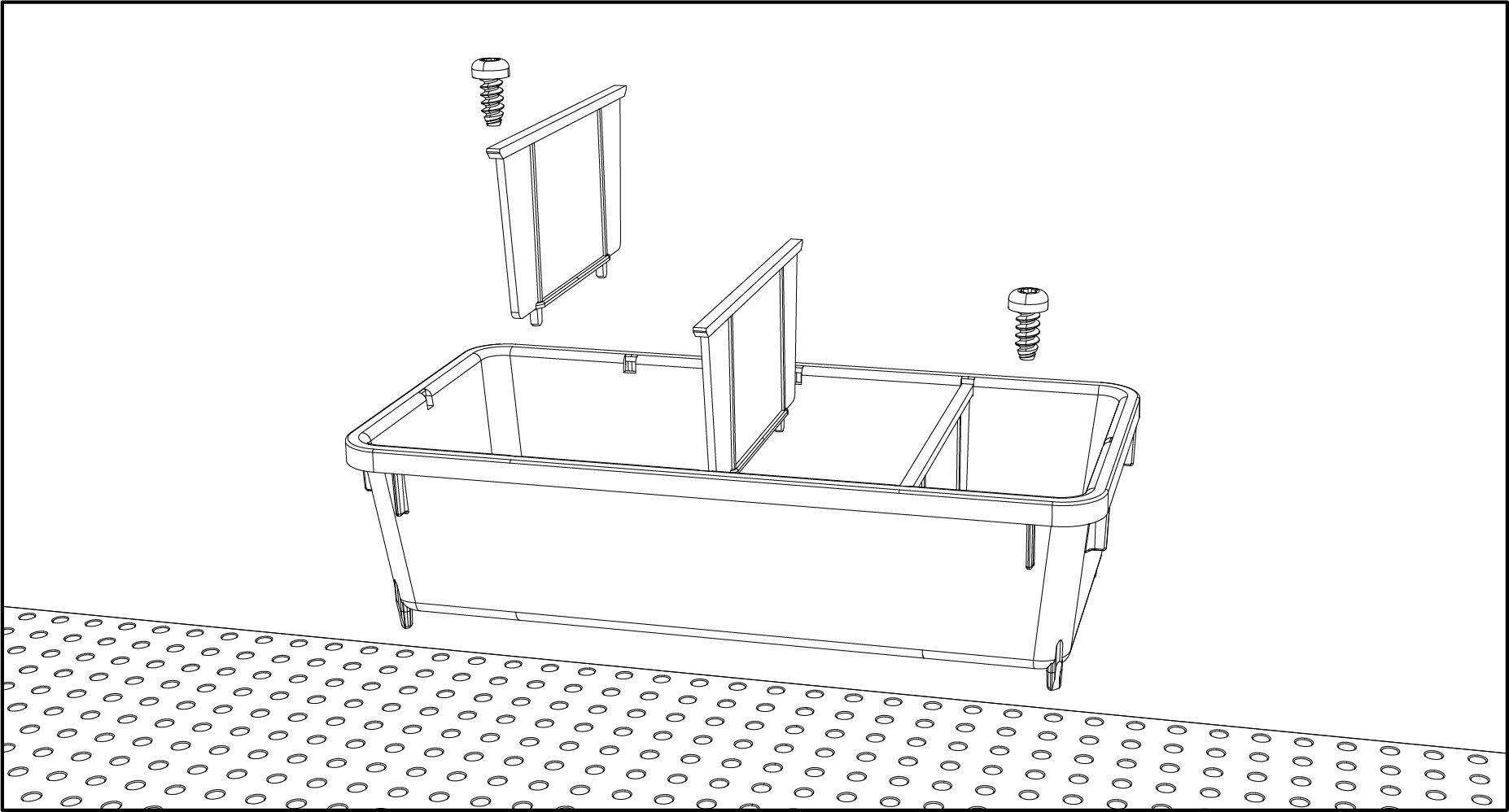 line drawing of a tool grid container going together onto a tool grid board