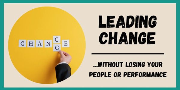 Hand rearranging letter tiles to form 'Change' with the phrase 'Leading Change' beside it.