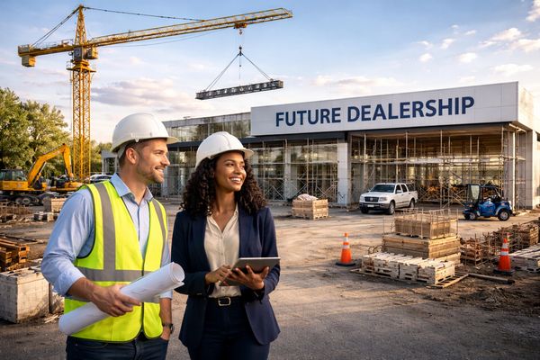 Two construction professionals discuss plans at a future dealership site under construction.