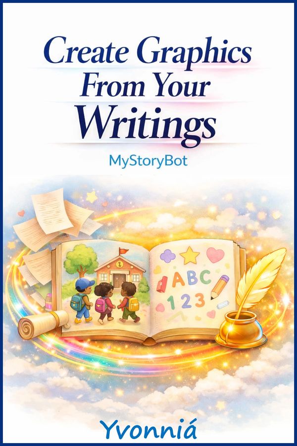 A magical book illustration with children, ABCs, and a golden quill inviting creative writing graphics.