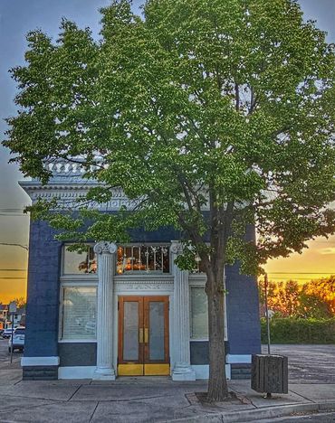 Historic bank building with grand columns and a tree in front at sunset.