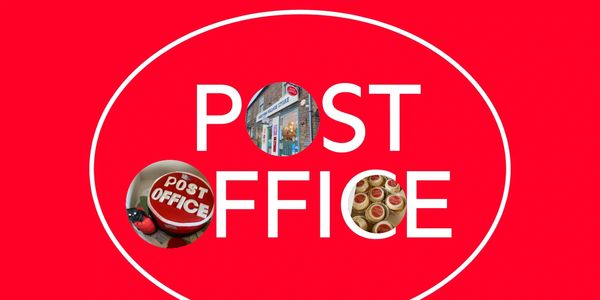 Post office text in white on red background