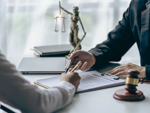 Lawyer and client engaged in consultation