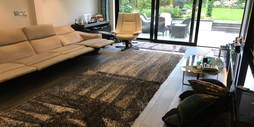 A large fabric sofa and the rug in the living room are freshly cleaned.