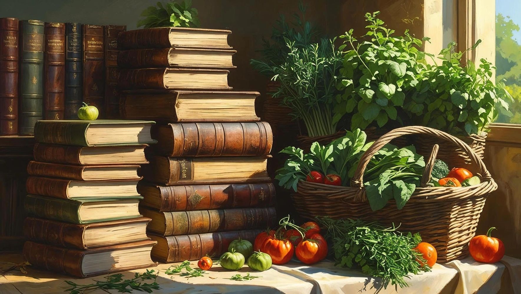 Stacks of vintage books beside fresh vegetables and herbs in a sunlit room.