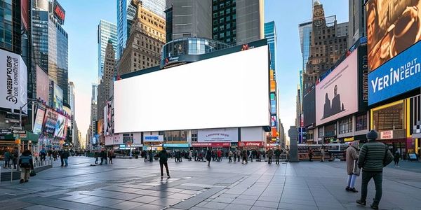 Times Square with a large blank billboard and people walking around.