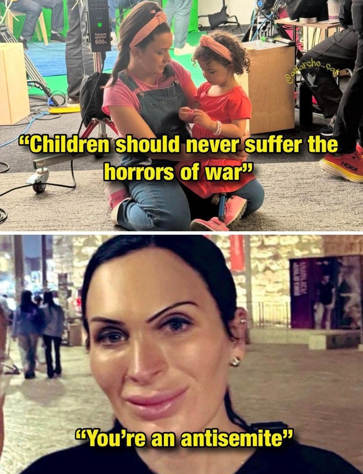 A woman and child with the text about war and antisemitism.