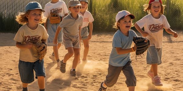 Kids playing baseball on a hot summer day.