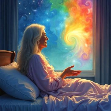 Elderly woman in bed gazing at colorful cosmic swirl outside window.