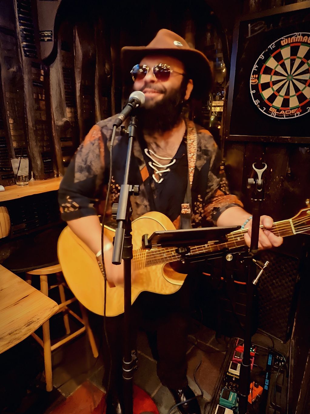 Gerry Arias performing live with acoustic guitar at Krogh’s in Sparta, New Jersey.