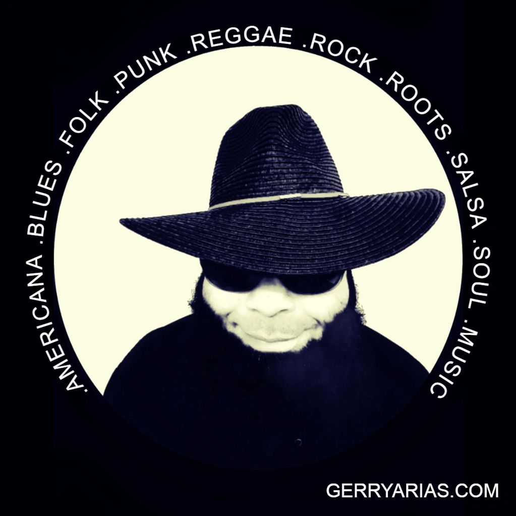 Gerry Arias personal logo featuring black hat silhouette with surrounding text listing musical genre
