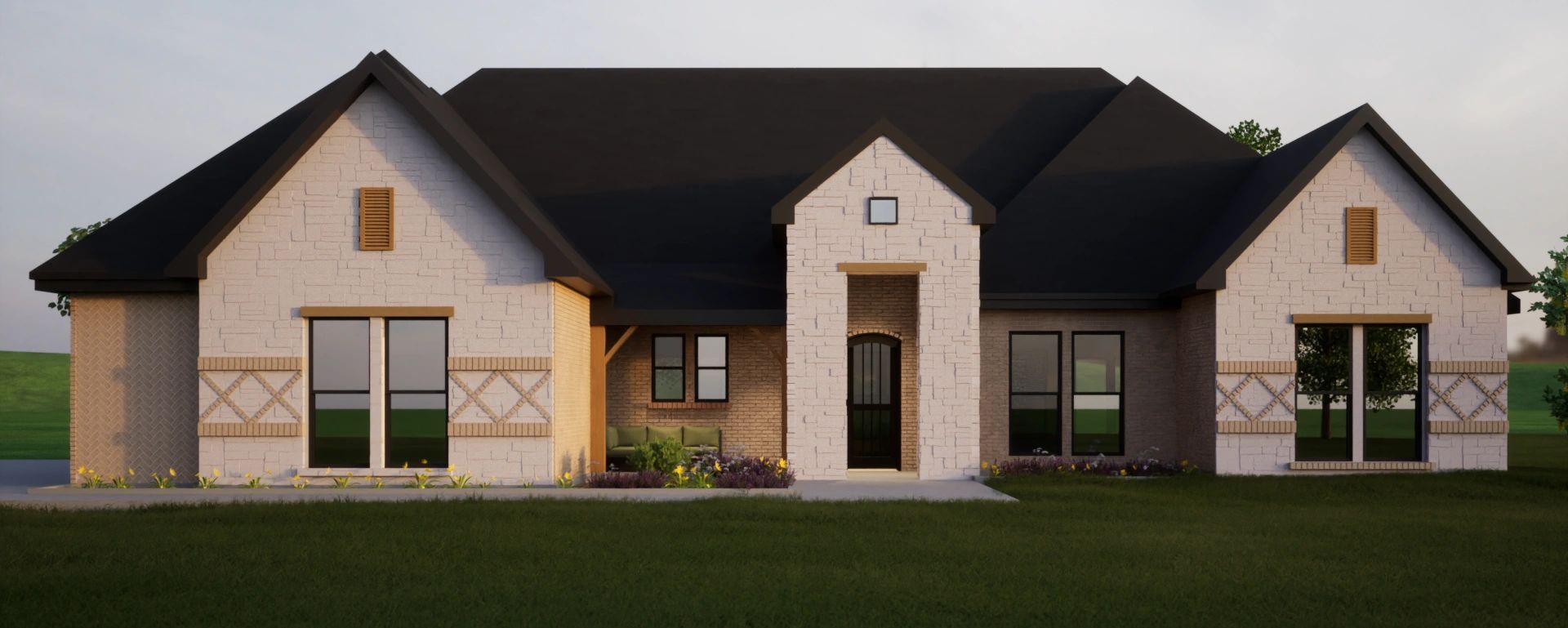 Modern stone house with black roof and large windows.