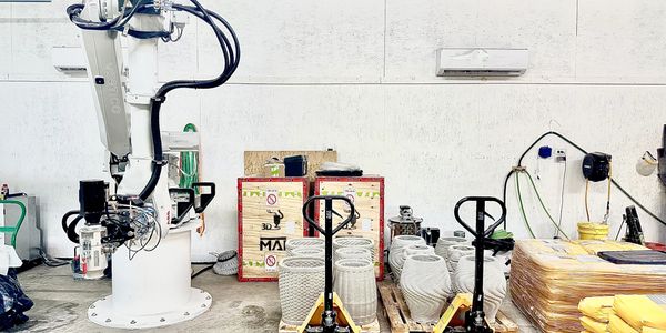 Industrial robotic arm and pallets with 3D-printed concrete vases in a workshop.