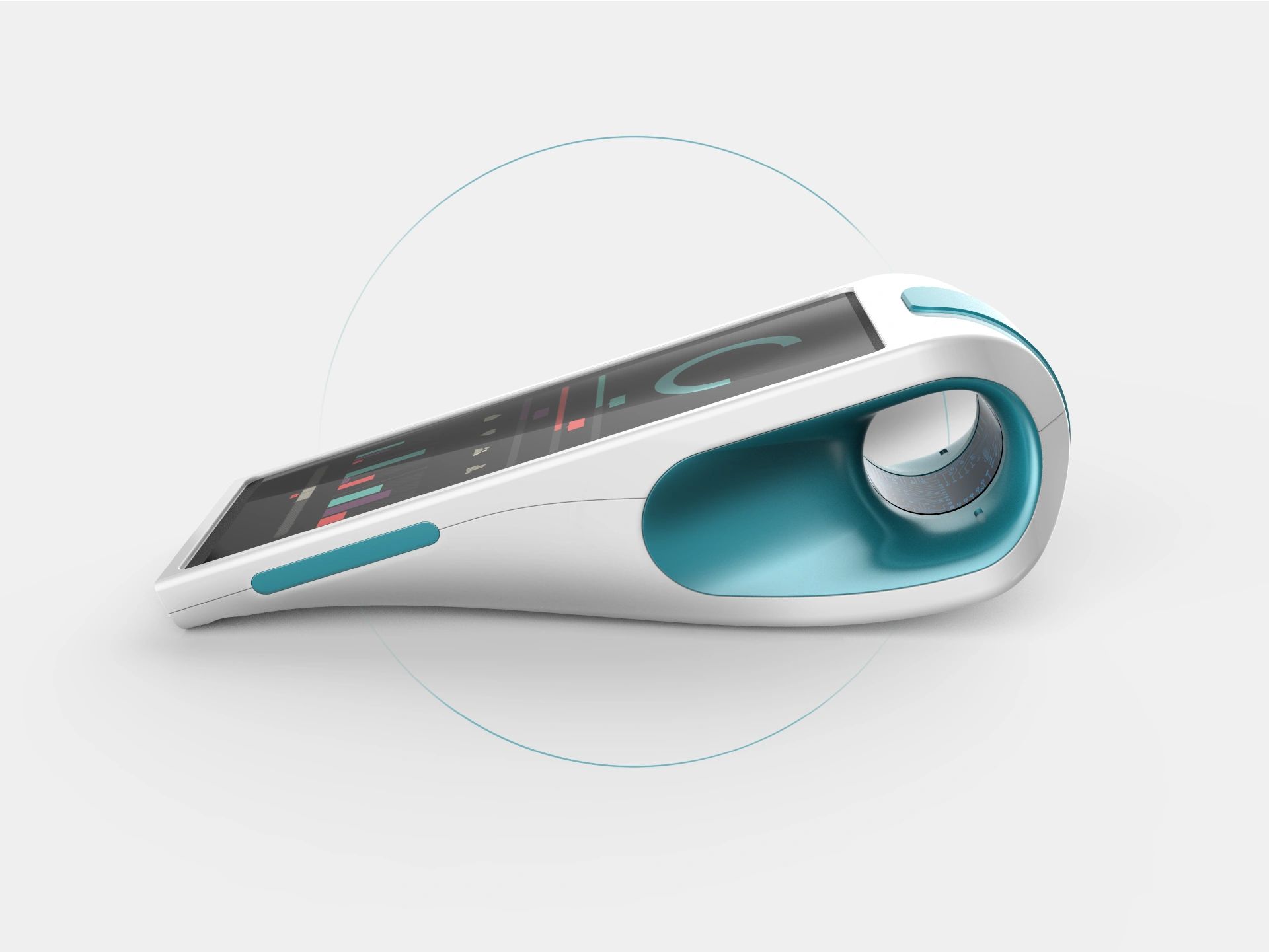 A sleek, futuristic handheld device with a curved design and digital display.