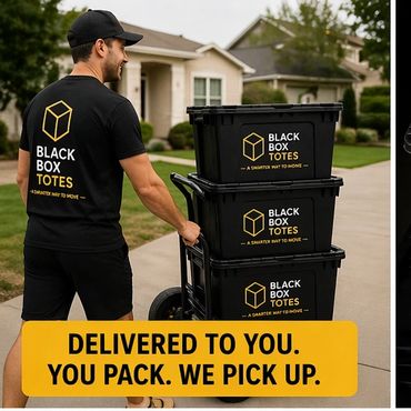Man delivering Black Box Totes with a hand truck in a neighborhood.