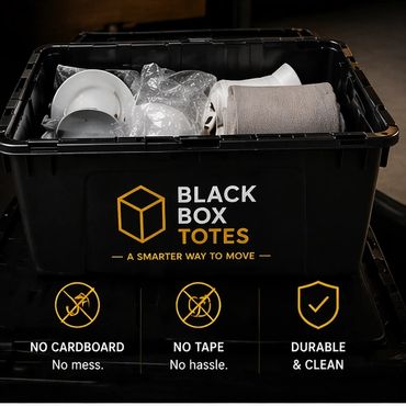 Black Box Totes filled with wrapped dishes and a towel, emphasizing no cardboard or tape needed.