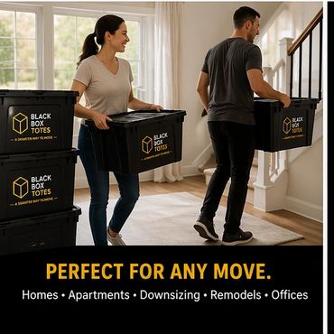 Two people carrying Black Box Totes, ideal for moving homes and offices.