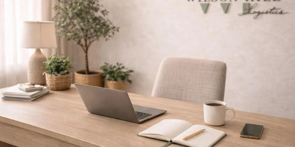 Minimalist office desk with laptop, notebook, coffee, and smartphone.