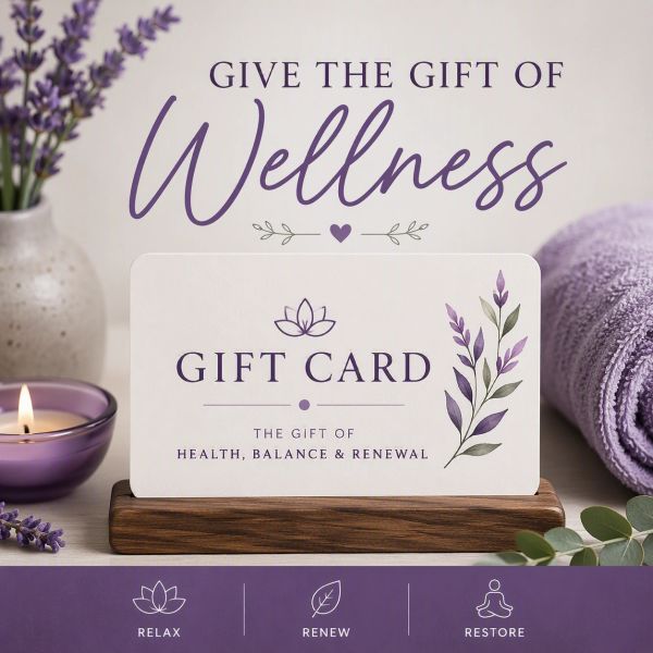 Wellness gift card with lavender-themed decor for relaxation and renewal.