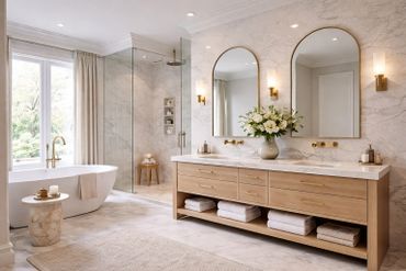 Elegant bathroom with dual sinks, a freestanding tub, and glass shower enclosure.