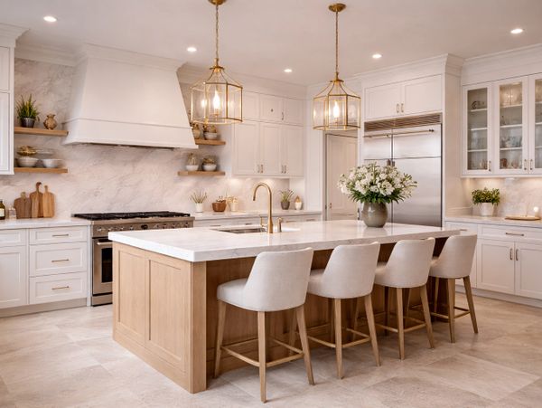 Elegant modern kitchen with marble island and gold accents.